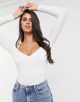 ASOS DESIGN rib bodysuit with bust seams and long sleeve in white | ASOS UK