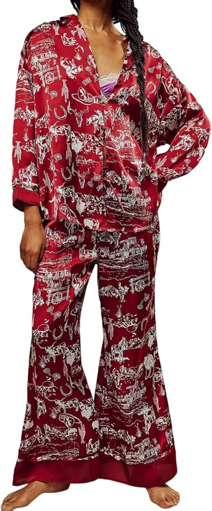 Women's Floral Print Satin Pajama Set Soft 2 pieces Lounge Long Sleeve Button Top Elastic Waist P... | Amazon (US)