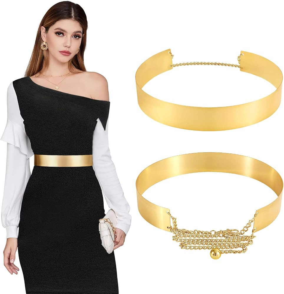 WHIPPY Women Gold/Silver Metal Belt Shiny Polished Adjustable Gold Metal Mirror Waist Belt | Amazon (US)