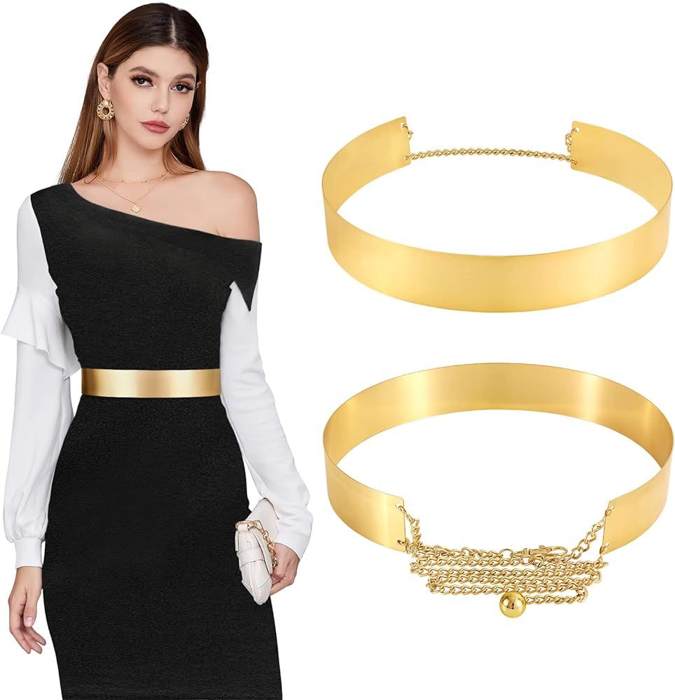 WHIPPY Women Gold/Silver Metal Belt Shiny Polished Adjustable Gold Metal Mirror Waist Belt | Amazon (US)