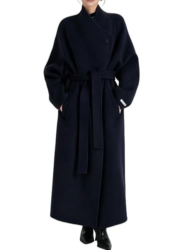 utcoco Women's Oversized Long Wool Coat Asymmetric Wrap Belted Trench Coat Fall Winter Overcoat with Pockets (Large, Navy Blue) | Amazon (US)