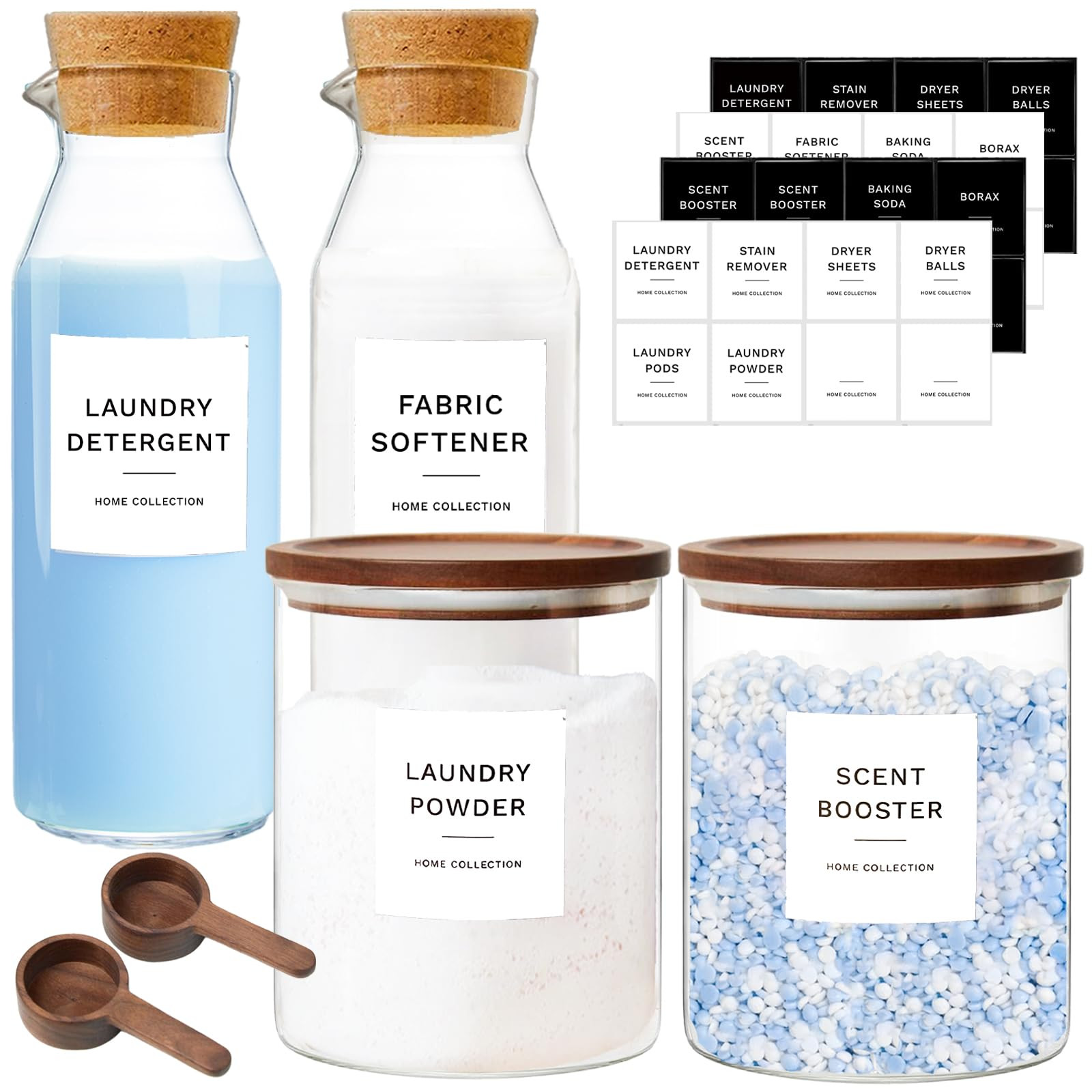 Glass Laundry Storage Containers Set, 4 Pack Liquid Detergent Dispenser with Cork Lid & Laundry R... | Amazon (US)