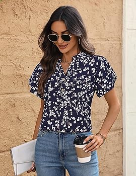 LOOKBOHO Womens Tops Dressy Casual Trendy Business Work Blouses Short Sleeve Ruffled V-Neck Tshir... | Amazon (US)