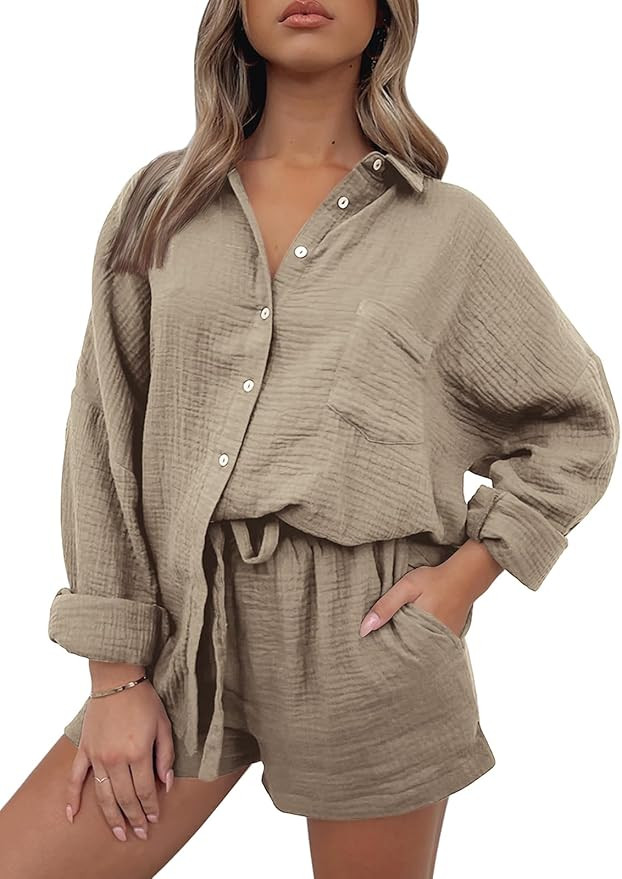 AUTOMET 2 Piece Outfits For Women Lounge Sets Pajama Sets Long Sleeve Button Down Oversized Shirt... | Amazon (US)