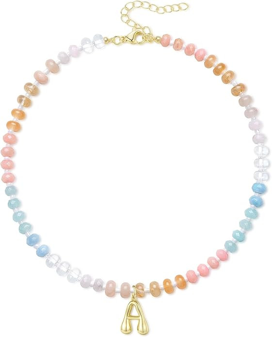 KissYan Initial Necklaces for Women, Colorful Beaded Gemstone Choker 14K Gold Bubble Letter Penda... | Amazon (US)
