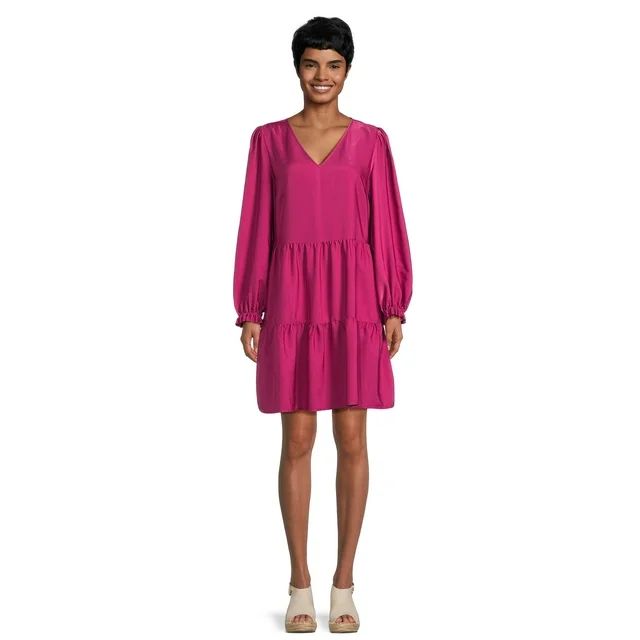 Time and Tru Women's Tiered V-Neck Satin Mini Dress, Sizes XS-XXXL | Walmart (US)