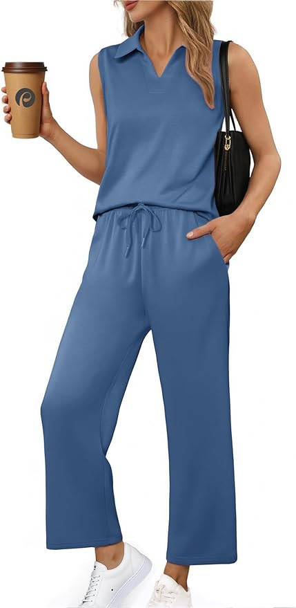PINSPARK Two Piece Sets for Women Sleeveless Outfits Travel Tracksuit V Neck Top Wide Leg Pant Lo... | Amazon (US)