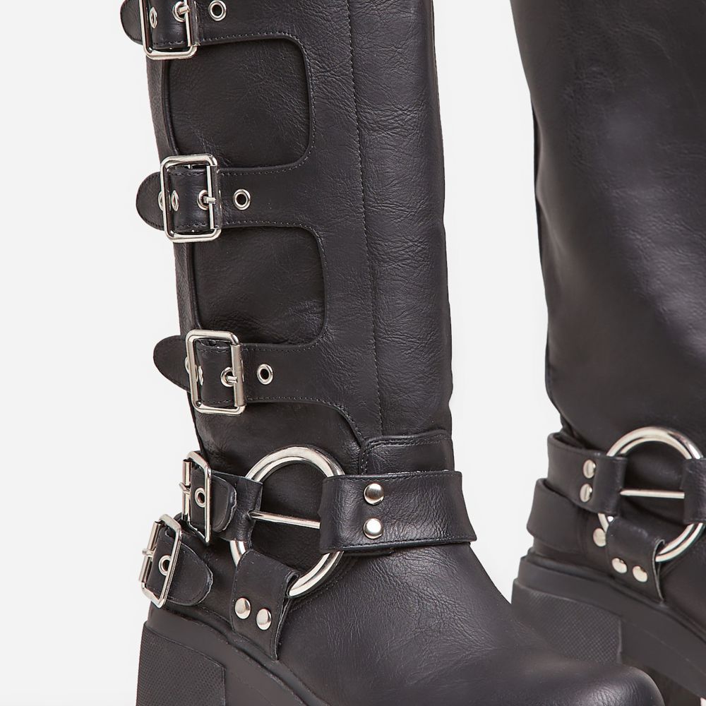 Buckle-Up-Now Side Buckle Detail Chunky Sole Mid Calf Biker Boot In Black Faux Leather | EGO Shoes (US & Canada)
