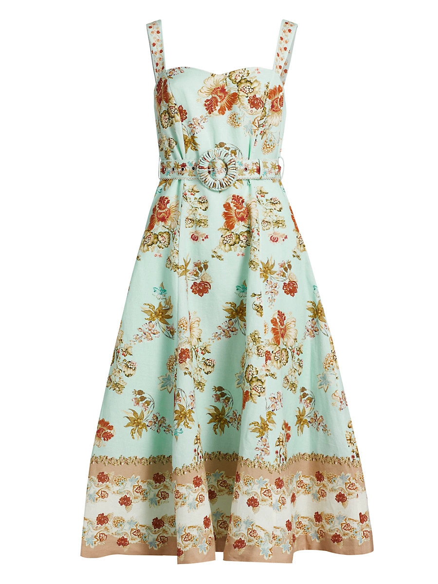 Women's Rohi Floral Linen-Cotton Belted Midi-Dress - Turquoise Mix - Size XS | Saks Fifth Avenue