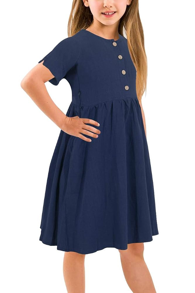 GORLYA Girl's Short Sleeve Button Up Pleated Waist Loose Casual Linen Midi Dress with Pockets for... | Amazon (US)