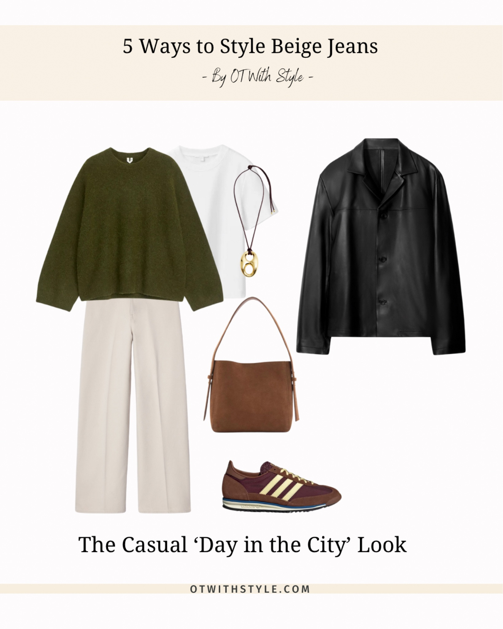 Styling beige jeans for a casual look with a green jumper black leather coat and Adidas burgundy sneakers 💚🍒

#LTKstyletip #LTKuk #LTKspring