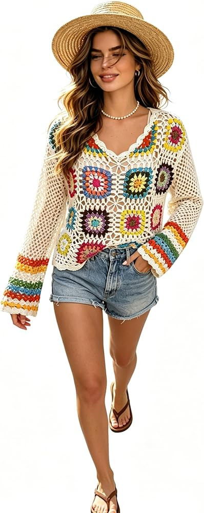 Women's Boho Crochet Top Colorful Granny Square Open Knit Long Sleeve Blouse for Summer | Amazon (US)