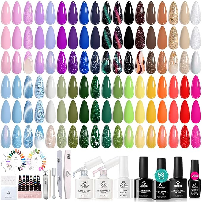 Beetles Gel Polish Kit 53pcs, 36 Colors Nail Kit Pink Purple Cat Eye Gel Polish Kit With 4pcs Bas... | Amazon (US)