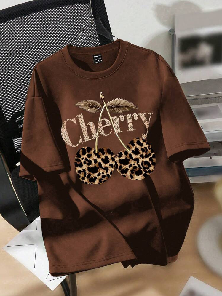 SHEIN EZwear Oversized Cheetah & Cherry Print Round Neck Short Sleeve Loose T-Shirt For Women, Ca... | SHEIN