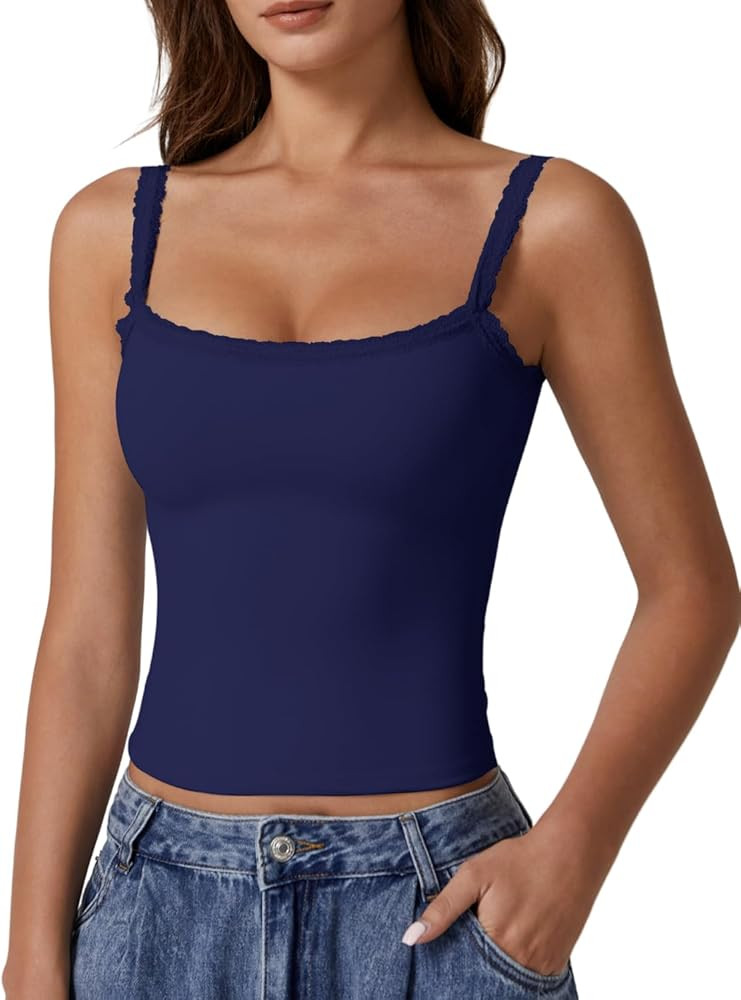 QINSEN Womens Square Neck Lace Trim Tank Top Double Lined Slim Fitted Y2k Going Out Camisole Shir... | Amazon (US)