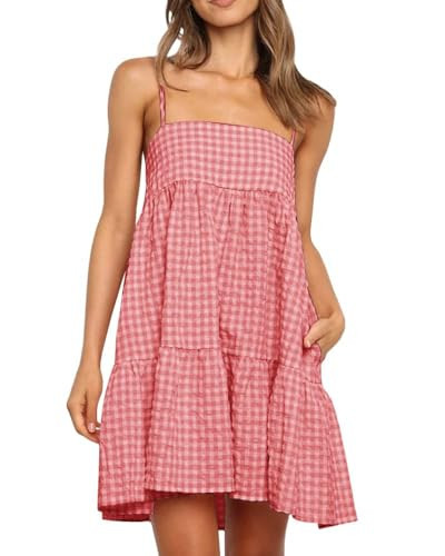 Womens Plaid A-line Dresses Shoulder Straps Ruffle Hem Casual Mini Dress with Side Pocket | Amazon (US)