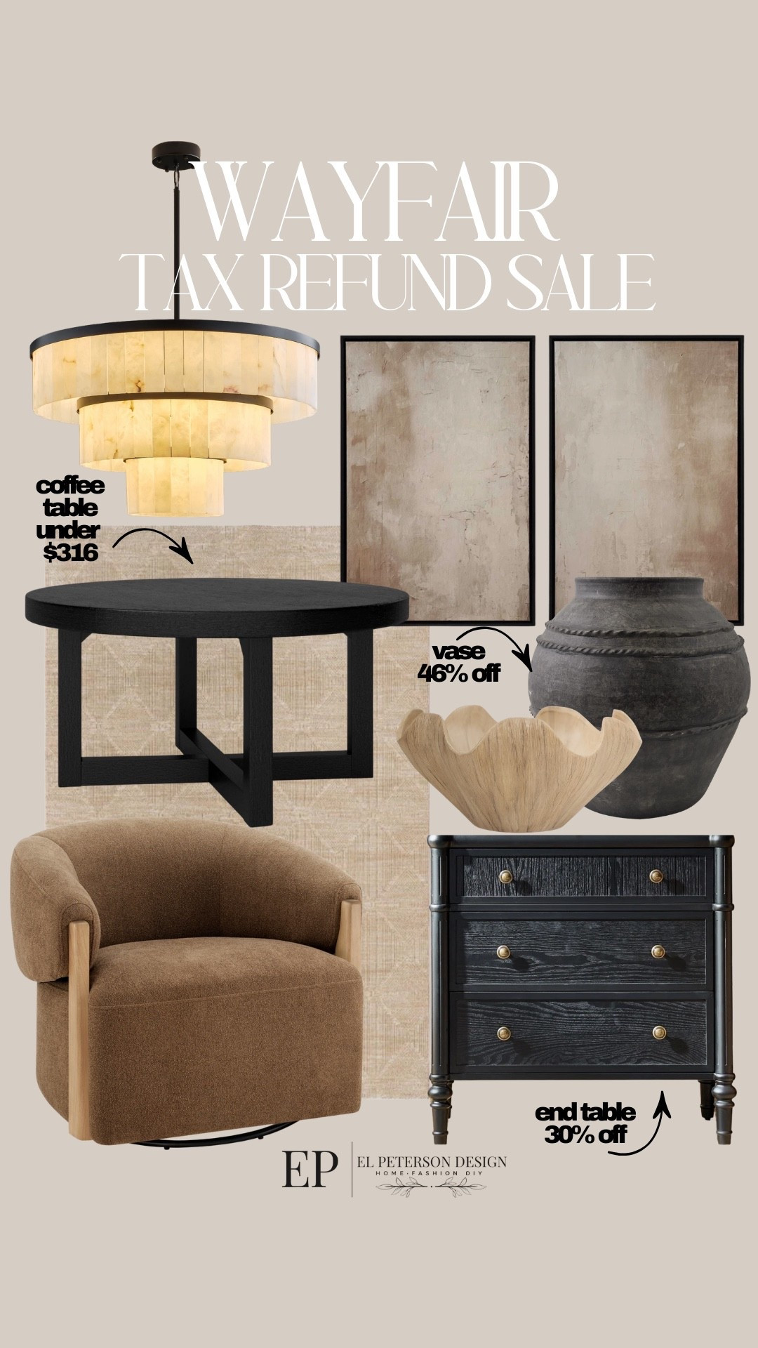 Wayfair 
Tax refund sale
Accent Chair
Vase
Rug
Coffee table
Bowl
Artwork
Chandelier 
Accent Table 

#LTKSaleAlert #LTKHome