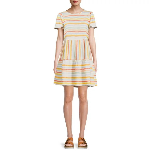 Time and Tru Short Sleeve Printed Woven Mini Dress for Women - Walmart.com | Walmart (US)