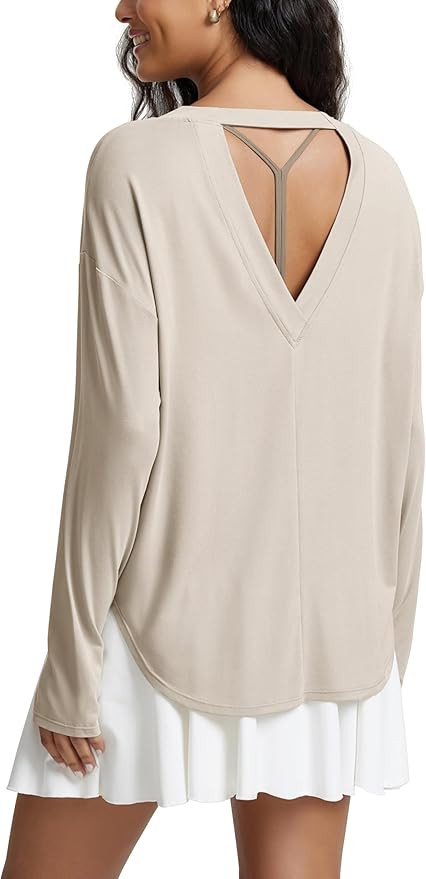 ODODOS Women's Peach-Soft Hollow-Back Long Sleeve Shirt with Thumb Holes, Yoga & Lounge Top | Amazon (US)