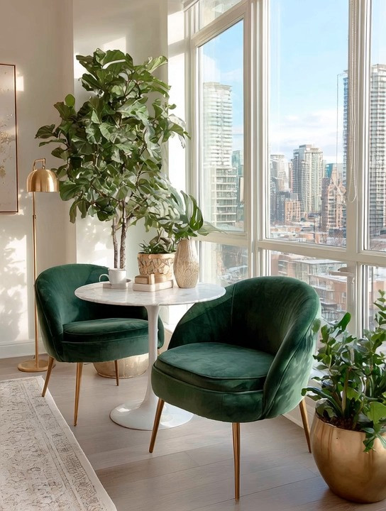 Maximize your high-rise view with a cozy corner that feels peaceful whether you’re spending time alone or sharing a quiet moment with someone you love. Two emerald velvet chairs, a mini marble café table, a lush plant, and a warm floor lamp — that’s all you need to create this elevated little retreat. It’s simple, luxurious, and designed to make the most of your view. Shop the look!

#emeraldvelvetchairs #cozycafécorner #highrisedecor #marbletable #luxuryhomevibes #elegantanddriven 

 #LTKHome