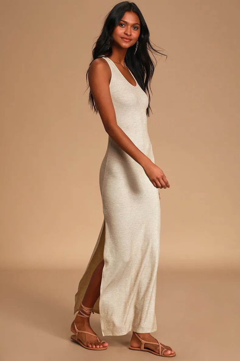 Relaxed but Not Least Beige Ribbed Sleeveless Maxi Dress | Lulus (US)