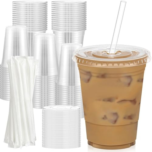 100 Pack - 16 oz Clear Plastic Cups with Lids and Straws, Sturdy & Food Safe Iced Coffee Cups wit... | Amazon (US)