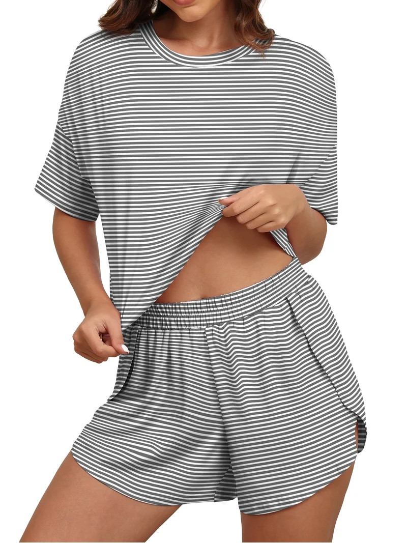 MINTREUS Womens Pajama Sets Striped Print Crew Neck Short Sleeve Tee and Side Split Shorts Lounge... | Walmart (US)