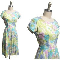 Vintage 1960S Dress - Pastel Green Blue Purple Floral Watercolor Spring Waist 30 | Etsy (US)