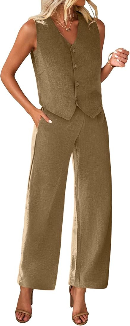 KIRUNDO Womens Two Piece Outfits Summer Fashion Button V Neck Crop Vest Blazer and Wide Leg Pants... | Amazon (US)