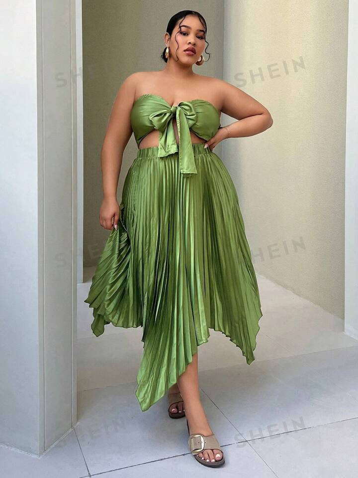 SHEIN SXY Oversized Bandeau Vest Top And Irregular Hem Draped Skirt Vacation Set | SHEIN