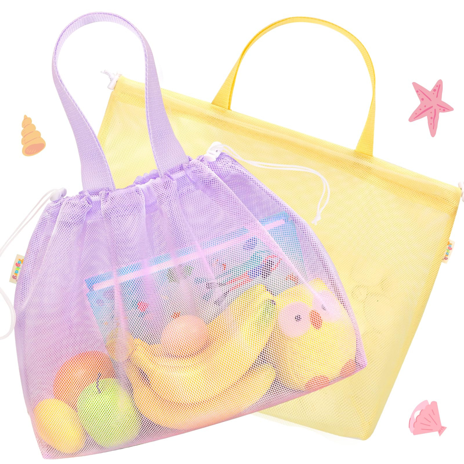Tagitary Beach Toys Kids Beach Bag Tote with Drawstring,Yellow Purple Mesh Bag Travel Beach Essen... | Amazon (US)