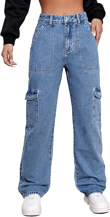 Metietila Women's High Rise Cargo Jean Stretch Straight Wide Leg Jeans Denim Pants for Women | Amazon (CA)