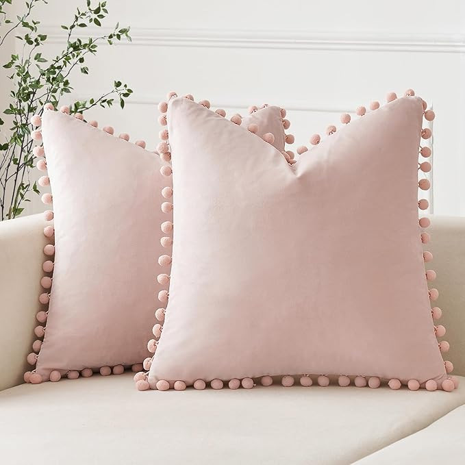 Woaboy Decorative Pillow Covers 16x16 Pink Throw Pillows Pack of 2 Cozy Soft Pom-poms Velvet Couc... | Amazon (US)
