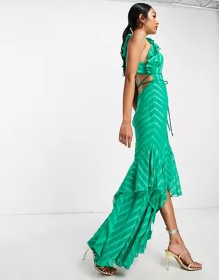 ASOS DESIGN satin stripe halter maxi dress with drape ruffle and tie detail in green | ASOS (Global)