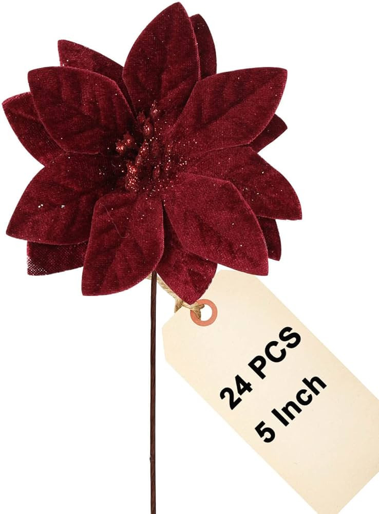 vensovo 5 Inch Red Christmas Poinsettia Flowers for Tree - 24PCS Deep Red Christmas Tree & Wreath... | Amazon (US)