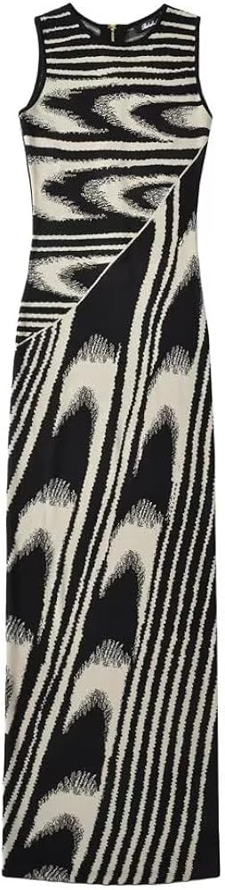 Summer Chic Abstract Knitted Long Dress Women Crew Neck Sleeveless Stretchable Slim Maxi Dresses | Amazon (US)