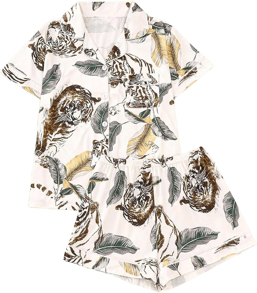 WDIRARA Women's Two Piece Animal Print Short Sleeve Button Shirt and Elastic Waist Shorts Pajama ... | Amazon (US)