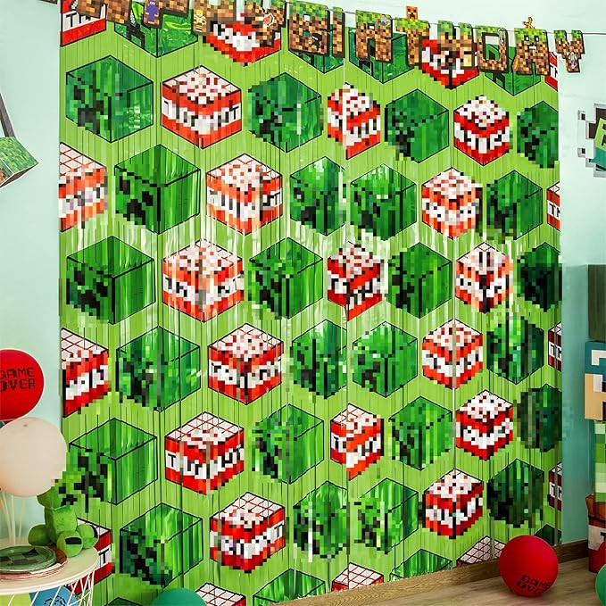 Bupelo Pixel Game Themed Party Supplies, Creeper & TNT Tinsel Foil Fringe Curtains, Miner Themed ... | Amazon (US)