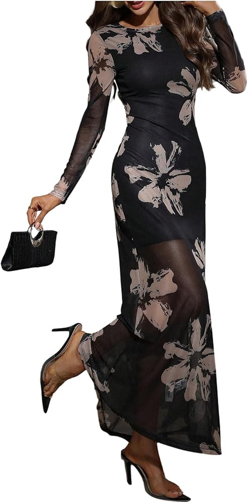 Women's Sexy Floral Dress Elegant Sheer Mesh Long Sleeve Crew Neck Maxi Bodycon Dresses | Amazon (US)