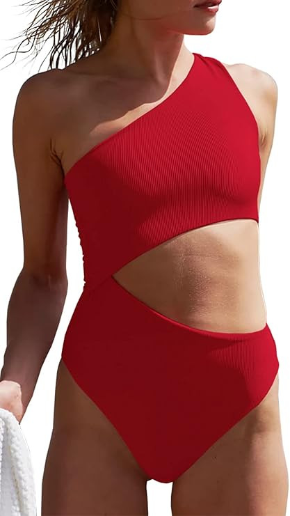 Women's One Piece Ribbed Swimsuit One Shoulder Cutout Swimwear Sexy Bathing Suit | Amazon (US)