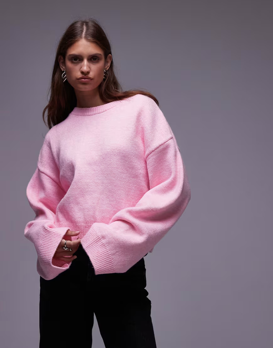 ASOS DESIGN wide sleeve oversized knitted jumper in pink | ASOS (Global)