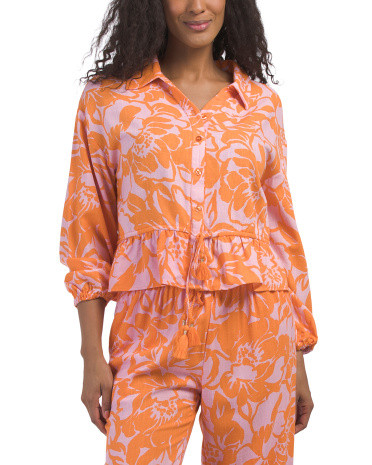 Printed Linen Blend Drawstring Peplum Top | TJ Maxx
