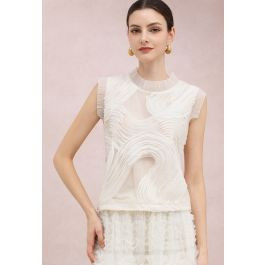 Tapework Lace Ruffle Trim Sleeveless Top in Cream for Wedding Guest & Cocktail Occasions | Chicwish