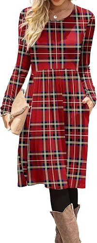 DB MOON Women Casual Long Sleeve Dresses Empire Waist Knee Length Loose Dress with Pockets | Amazon (US)