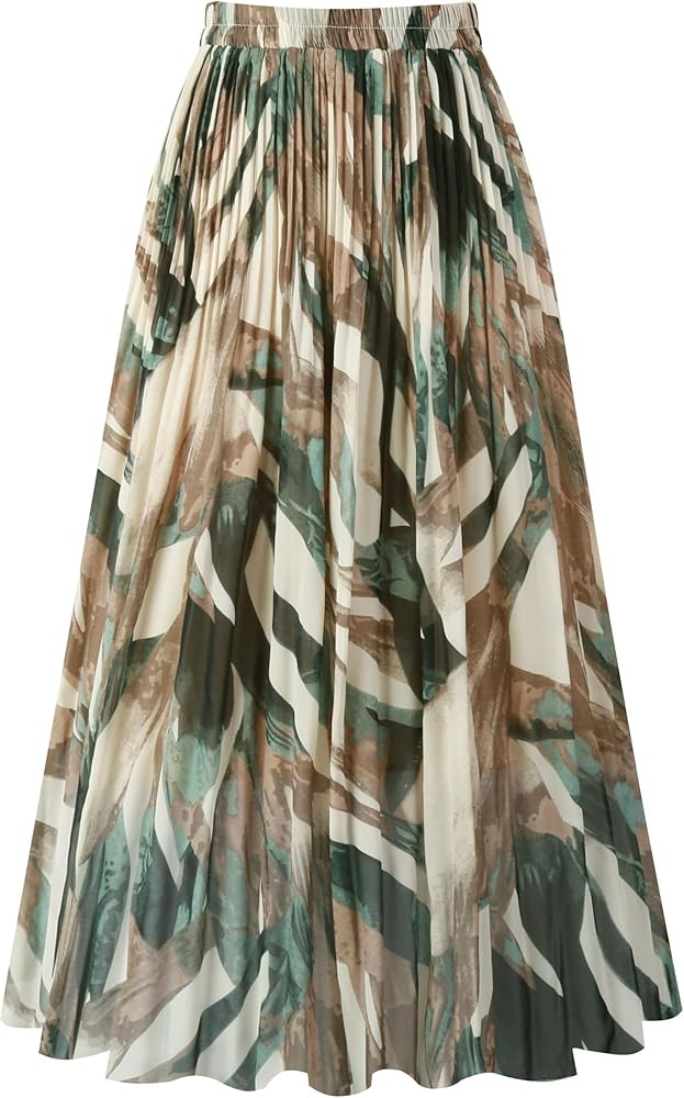 Kingfancy Women's Pleated Skirt Chiffon Elastic Waist A-Line Midi Length Skirt | Amazon (US)