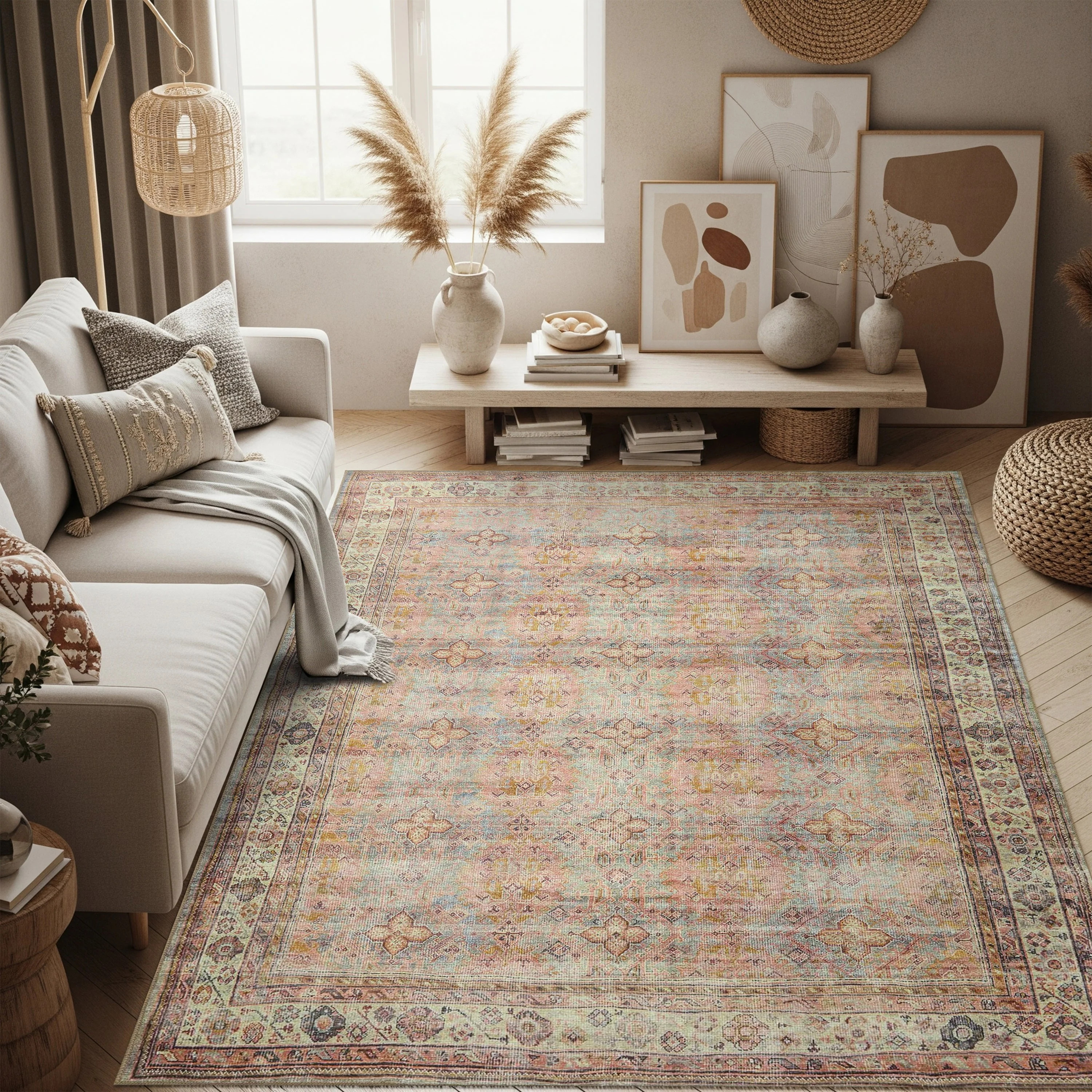 Brown Boho Oushak Vintage Style Washable Rug | Fame Rugs