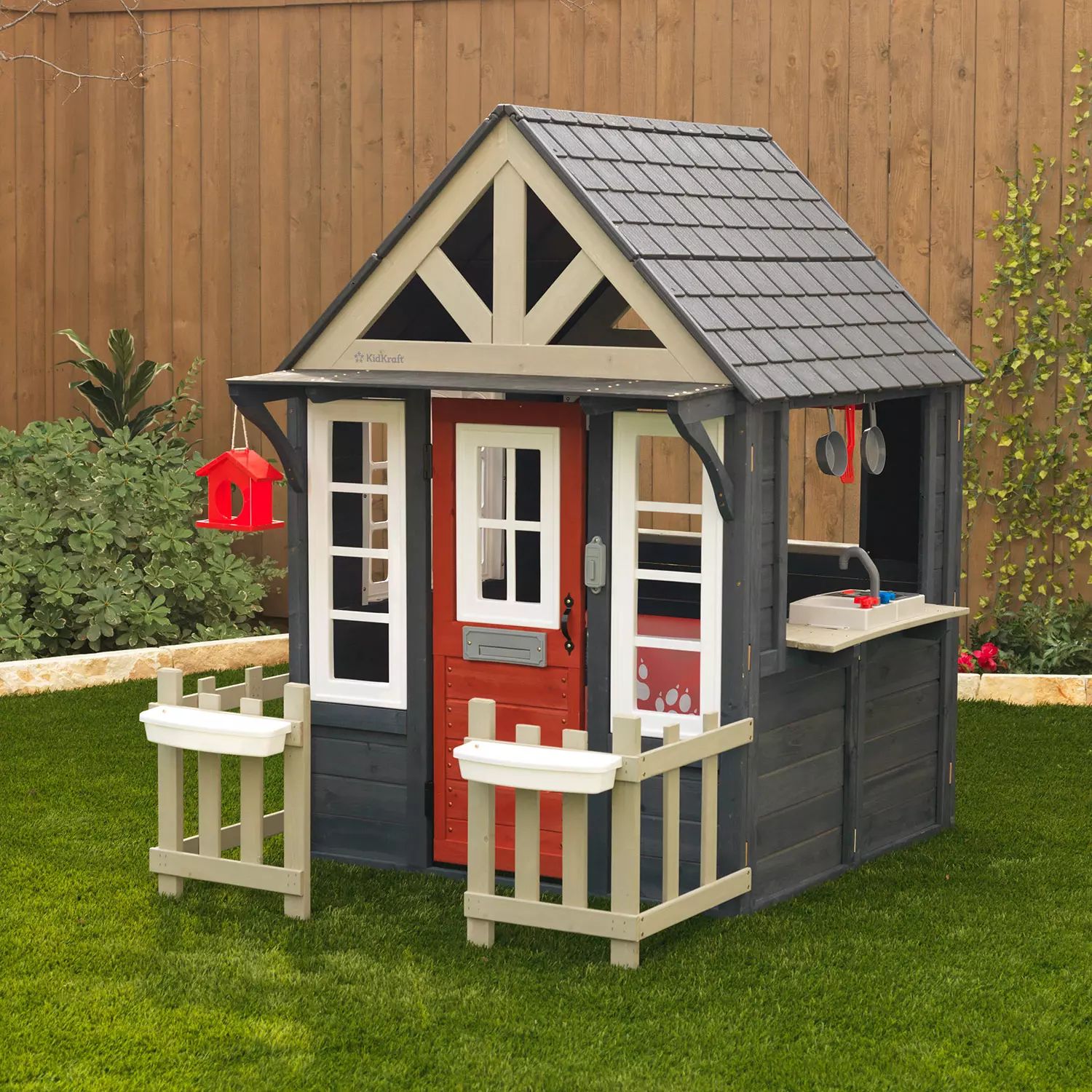 KidKraft Lakeside Bungalow Wooden Playhouse with Working Doorbell, Fence, Kitchen and Pet Door | Sam's Club