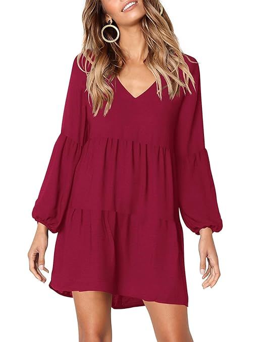 MISSLOOK Women's Short Sleeve Tunic Dress V Neck Ruffle Loose Mini Dress Swing Shift Dresses | Amazon (US)