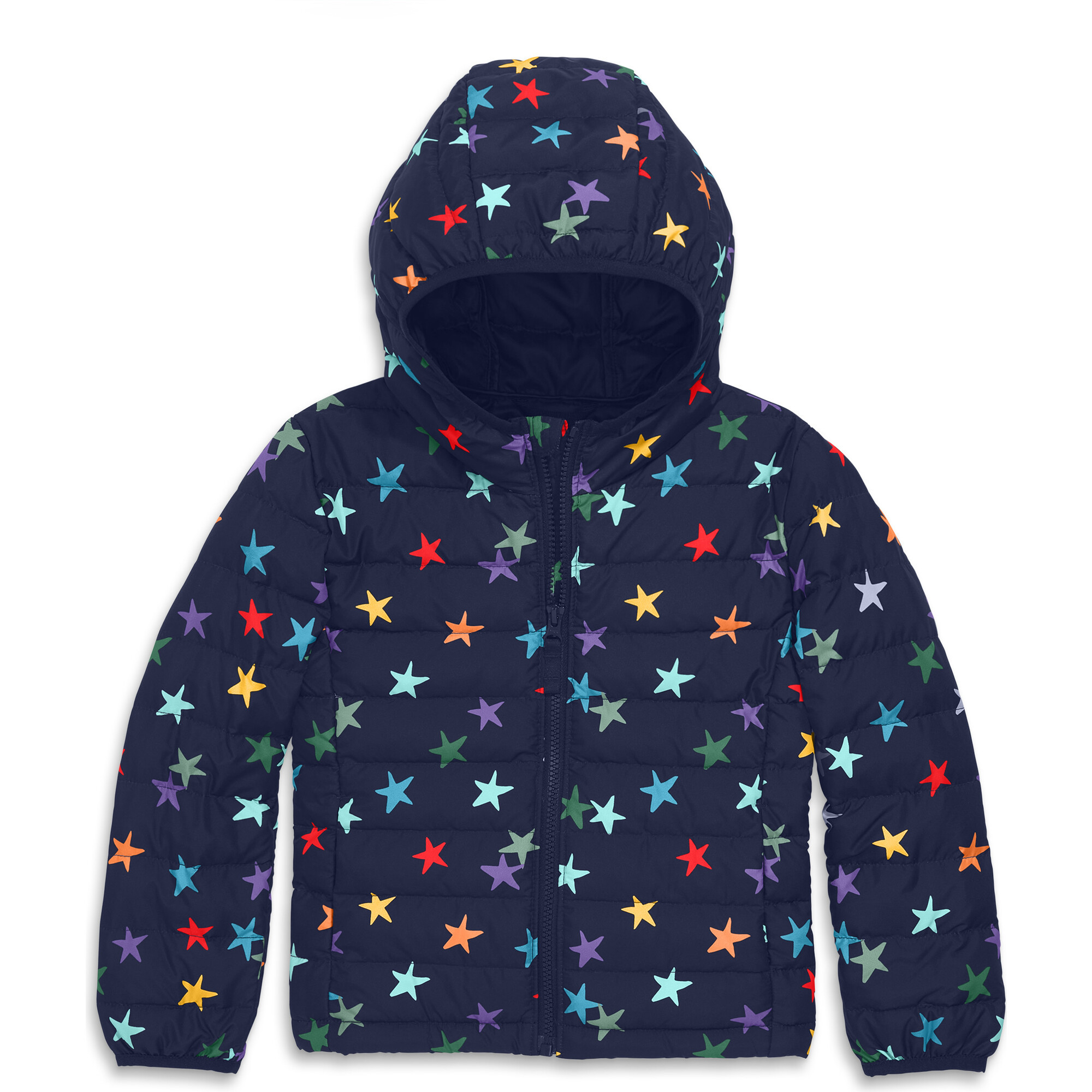 Lightweight Puffer Jacket In Rainbow Confetti Stars, Navy Confetti Stars | Maisonette