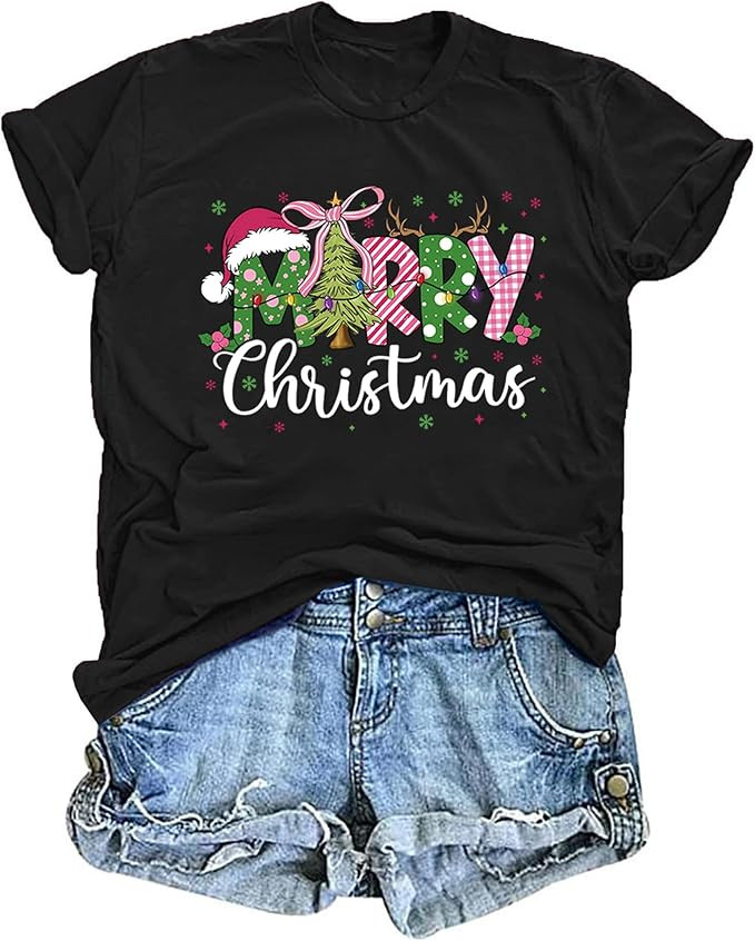 Christmas Tree Shirts for Women: Merry Christmas Graphic Print T-Shirts Xmas Holiday Blouse Tops | Amazon (US)